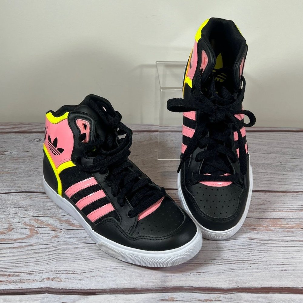 Adidas EXTABALL Women's Sz 7 shoes Black Pink Neon Yellow High-Top Retro 80's